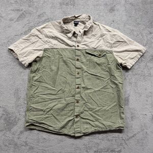 Patagonia Button Shirt Organic Cotton Mens Large Green Beige Short Sleeve Casual